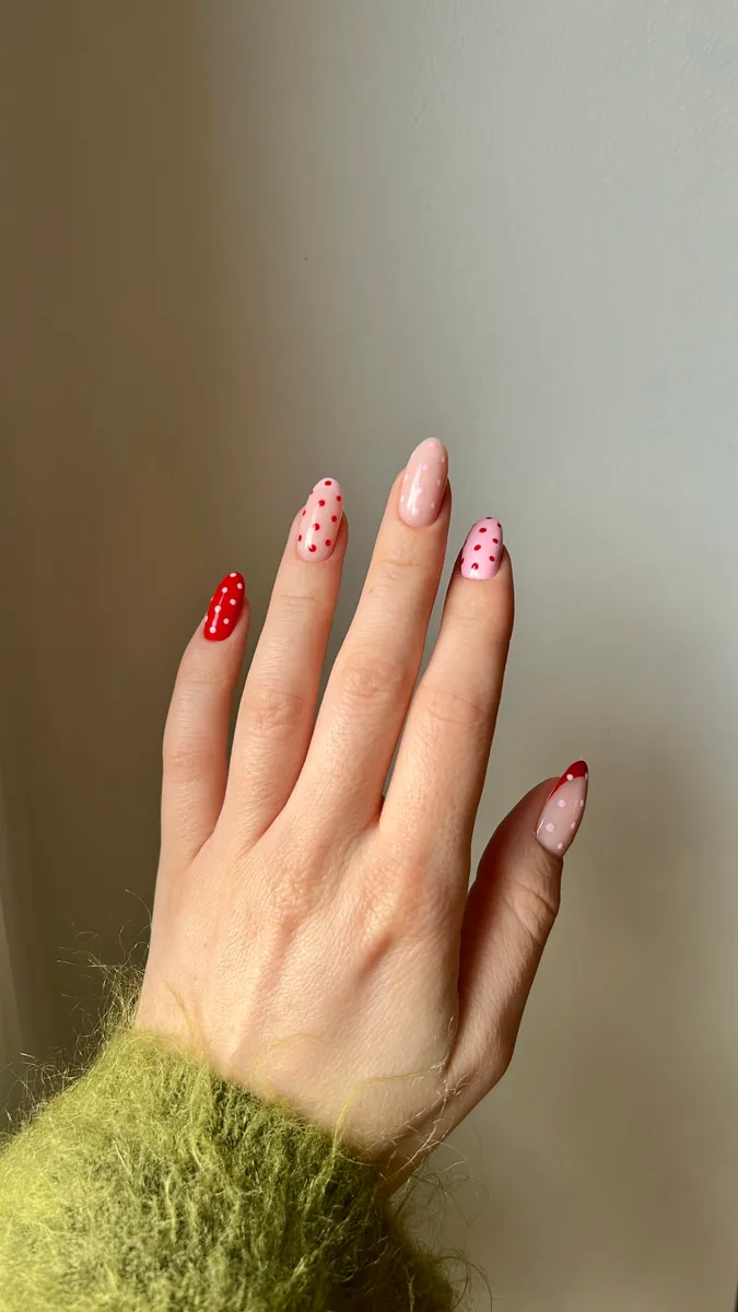 Ongles en amande à pois rouges et roses, style rétro gourmand